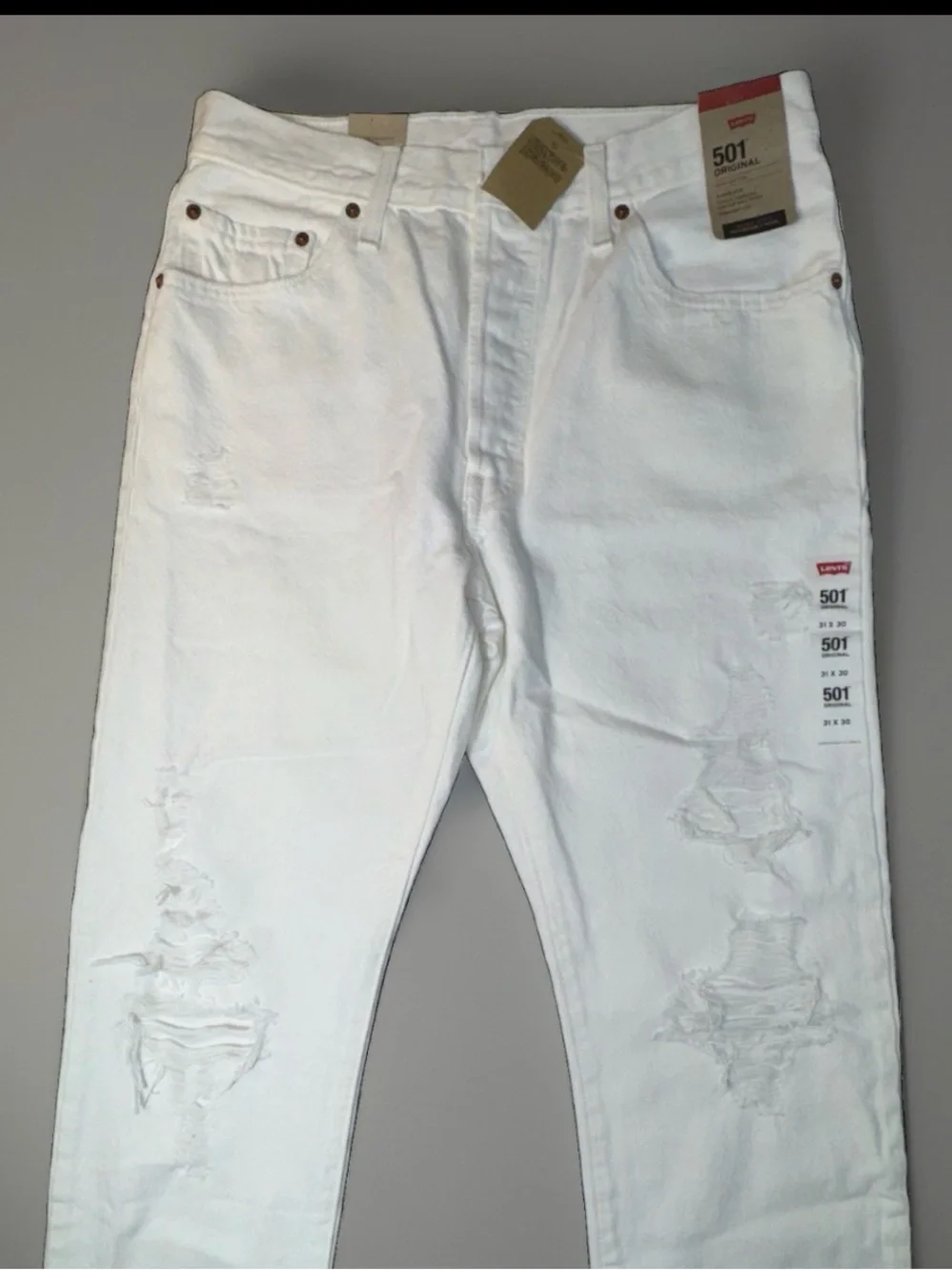 Levi's White Distressed Straight Leg Jeans with Raw Hem Mens 31x30